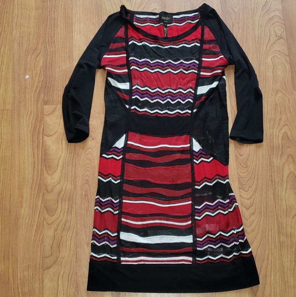red & White sheer striped dress.
